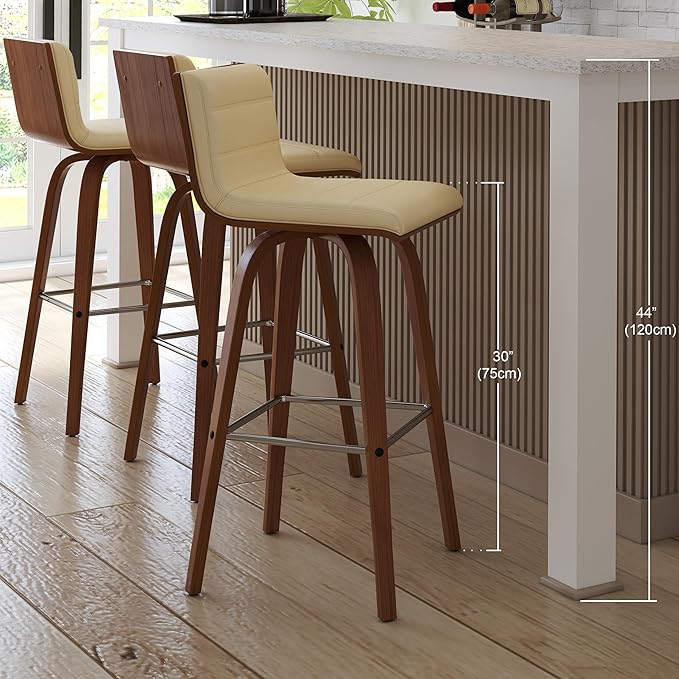 Vienna 30" Swivel Bar Stool in Walnut Wood Finish with Cream Faux Leather - Set of 2