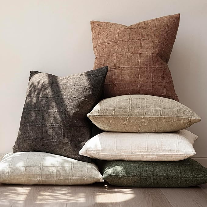 Foindtower Set of 2 Decorative Linen Check Throw Pillow Covers Neutral Farmhouse Lumbar Cushion Covers Modern Boho Home Decor for Sofa Chair Couch Bedroom Living Room Outdoor,12×20 Inch,Dark Brown