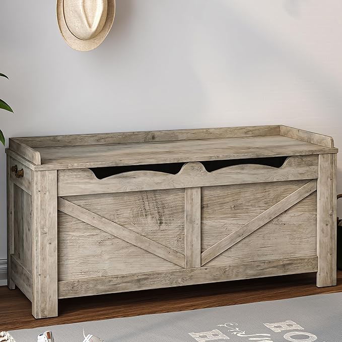 39.4" Storage Chest, Lift-Top Storage Trunk with 2 Safety Hinges, Wooden Bench Box Chest Organizer for Bedroom, Entryway, Living Room, Greige SB04505X