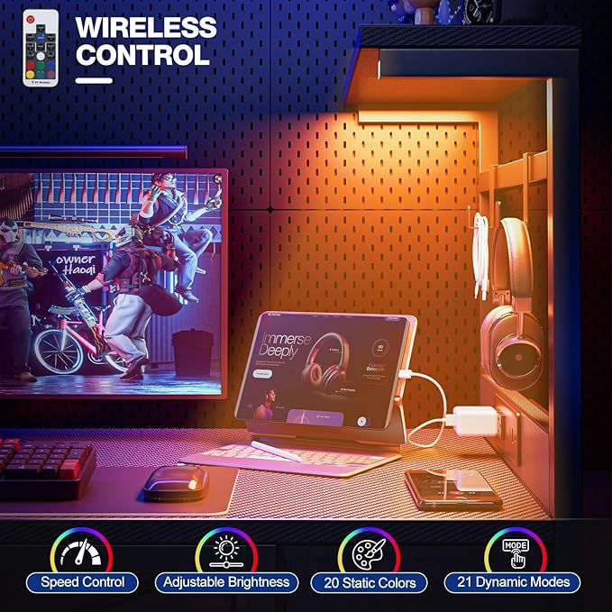 Gaming Desk 40 Inch with Power Outlet and LED Light, Computer Desk with Reversible Shelves and Storage Drawer, Pc Small Desk for Home Office Table with Bag, Carbon Fiber Black