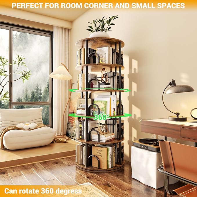 Aheaplus 5 Tier Rotating Bookshelf Tower, 360 Display Spinning Bookcase, Revolving Round Book Shelf Narrow Swivel Bookshelf, Vertical Turning Corner Book Organizer for Small Space, Rustic Brown