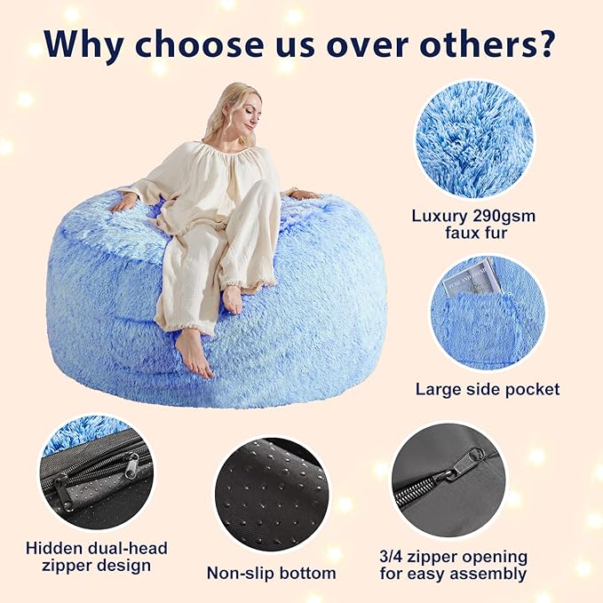 Large Bean Bag Covers Only, Fluffy Stuffed Beanbag Chair Covers No Filler, Washable Bean Bags Cover for Adults, Stuffed Animal Bean Bag Anti-Slip, 7FT, Blue