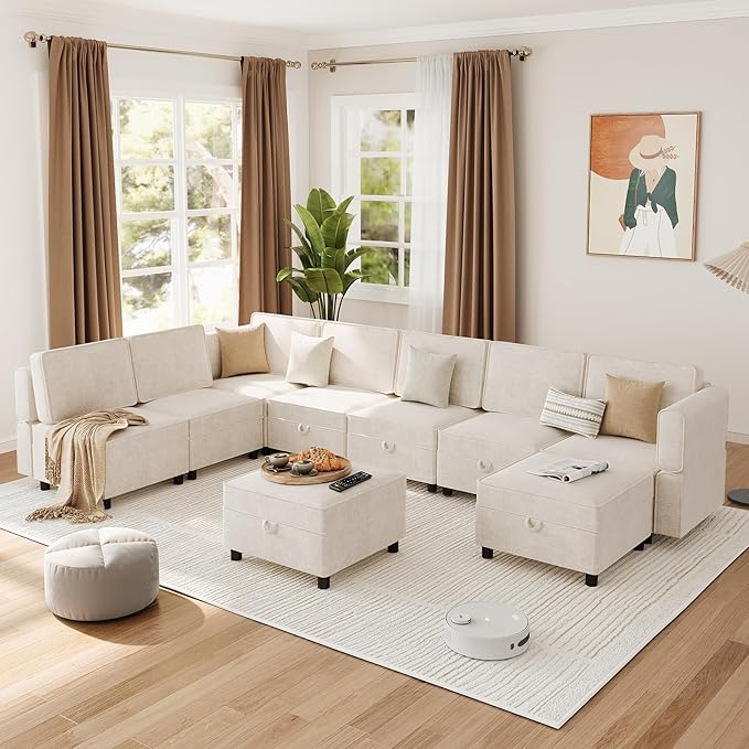 Modular Sectional 9-Seat Sofa, L Shaped Sectional Couch with Removable Storage Ottoman, Convertible Sleeper Sofa Suitable for Living Room, Bedroom, and Apartments, Beige