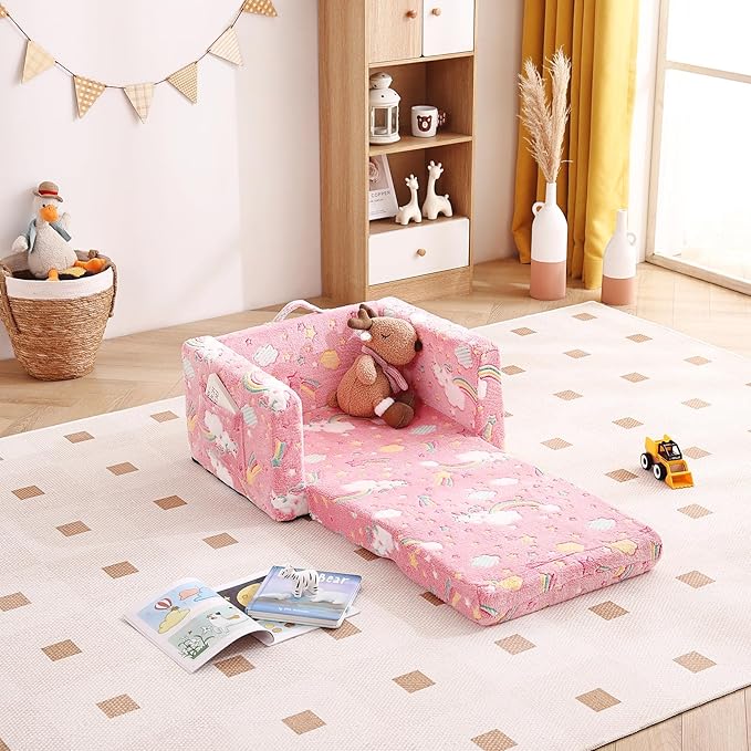 Tiita Kids Chair Couch, Folding Toddler Comfy Chair, 2-in-1 Kids Plush Sofa Fold Out, Baby Armrest Sofa to Lounger, Convertible Play Sofas to Bed for Girl or Boy, Pink Rainbow