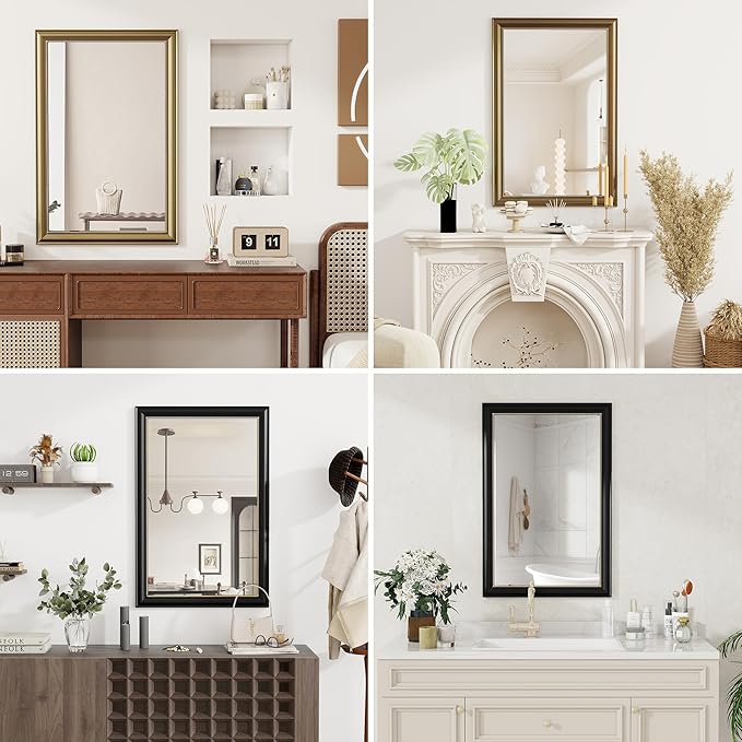 Axeman 32x48 Rectangular Wall Mirror, Decorative Bathroom Mirror, Traditional Vintage Wall Mounted Mirror with Beaded Frame for Accent Living Room Vanity Bedroom Entryway, Black