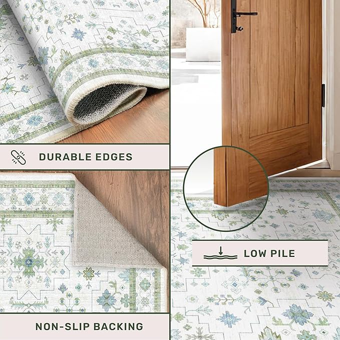 Oushak Area Rug for Bedroom 5x7 - Blue and Green Vintage Boho Floral Geometric, Washable Low Pile Non Slip Area Rugs for Nursery Room, Foyer, Cozy Aesthetic Room Decor