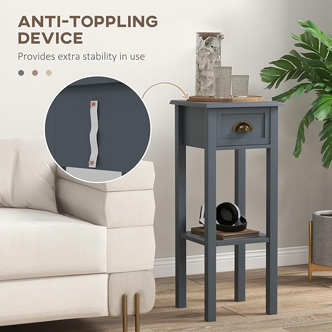 HOMCOM 2-Tier Side Table with Drawer, Narrow End Table with Bottom Shelf, for Living Room, Set of 2, Gray