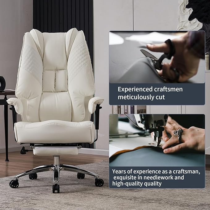 Big and Tall Office Chair 400lbs Wide Seat, Leather High Back Executive Office Chairs with Foot Rest, Ergonomic Lumbar Support for Lower Back Pain Relief (White)