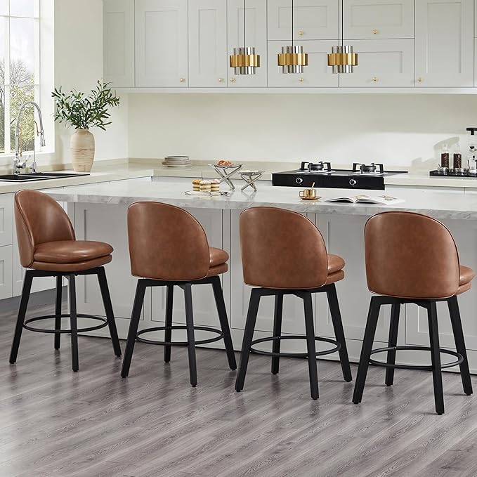 Counter Height Barstools 26 inch Upholstered Swivel Bar Stools with Back and Wood Legs for Kitchen Island,Set of 3,Brown PU Leather-Armless