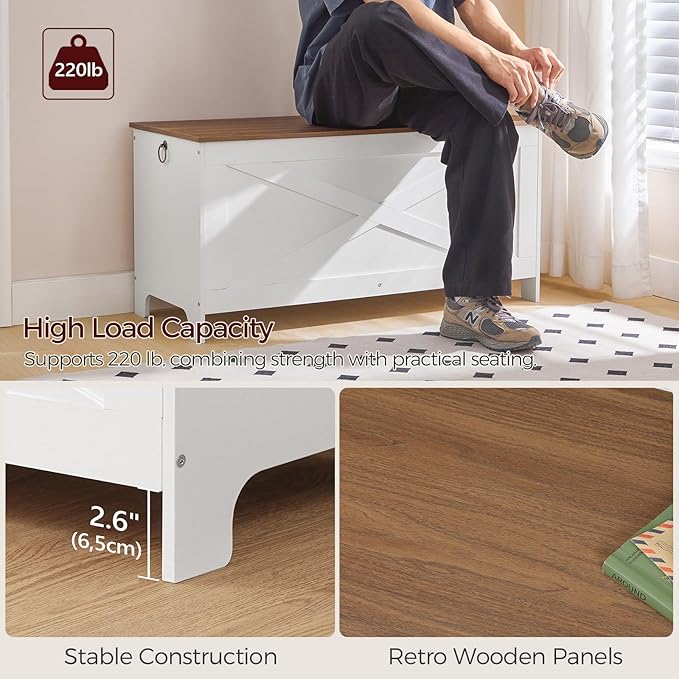 39.4" Toy Chest, Sturdy Entryway Storage Chest with Safety Hinges, Retro Toy Box, Wooden Look Accent Furniture for Living Room, Bedroom, White+Walnut SCBZ48101