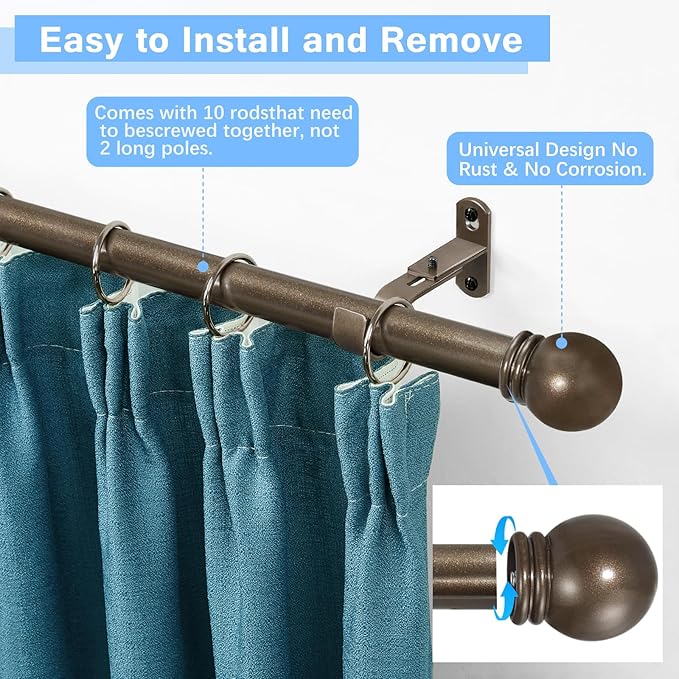 Curtain Rods for Windows 16 to 150 Inches, Curtain Rod Max Adjustable Length of 160 IN, 1" Diameter Drapery Rods Round Finials, Brown, Pack of 1
