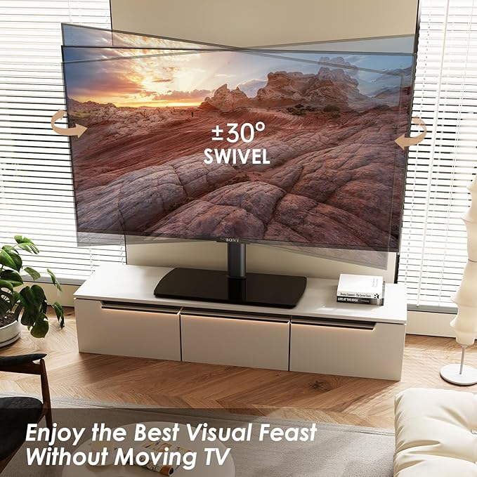 FITUEYES Universal TV Stand Mount for 43-80 85 inch TVs, Swivel Tall TV Mount Stand, Table Top TV Stand Base Replacement, Height Adjustable TV Table Stand, Glass Base, Max Holds 110lbs