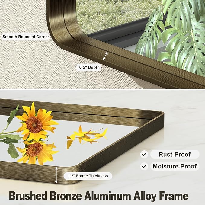 36x36 Inch Bronze Framed Bathroom Mirror, Rectangle Brushed Bronze Metal Vanity Mirror, Square Modern Wall Mirror, Rounded Corner, Tempered Glass, Anti-Rust, Shatterproof (Horizontal/Vertical)