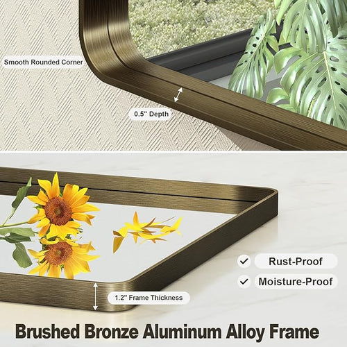 20x30 Inch Bronze Framed Bathroom Mirror, Rectangle Brushed Bronze Metal Vanity Mirror,Rounded Bathroom Vanity Mirror, Anti-Rust, Shatterproof (Horizontal/Vertical)