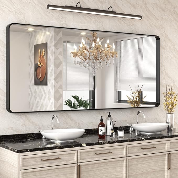 WEER Black Metal Framed Mirror 72X32 Inch, Black Bathroom Vanity Mirror, Rounded Rectangle Matte Black Bathroom Mirror for Wall, Tempered Glass, Anti-Rust, Hangs Horizontal or Vertical