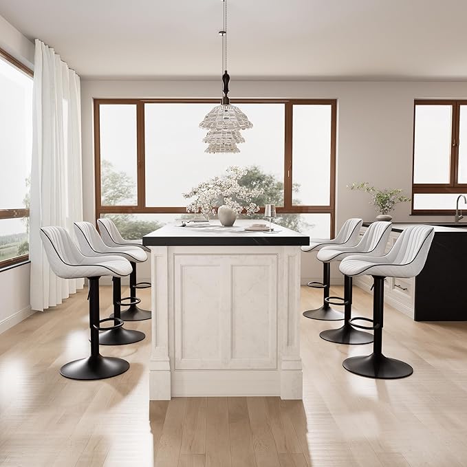 YOUNIKE White Bar Stools Set of 2 Kitchen Counter Height Barstools Upholstered Swivel Modern Faux Leather Bar Chairs with Backs Adjustable High Breakfast Island Stool with Metal Leg