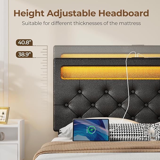 Rolanstar Queen Bed Frame with 4 Storage Drawers and Charging Station, Queen Bed with Led Lights, 2 USB & 1 Type C, Adjustable Headboard 38.9/40.8 Inches, No Box Spring Needed, Black
