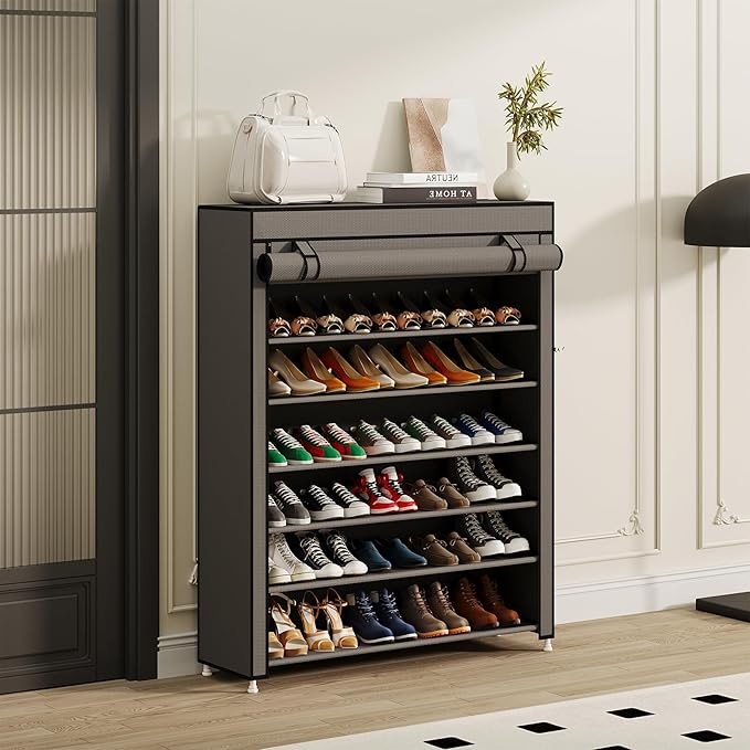 Calmootey 7 Tier Shoe Rack Organizer to Hold 35 Pairs, Portable Shoe Shelf with Nonwoven Fabric Cover for Closet Hallway, Bedroom, Entryway, Grey