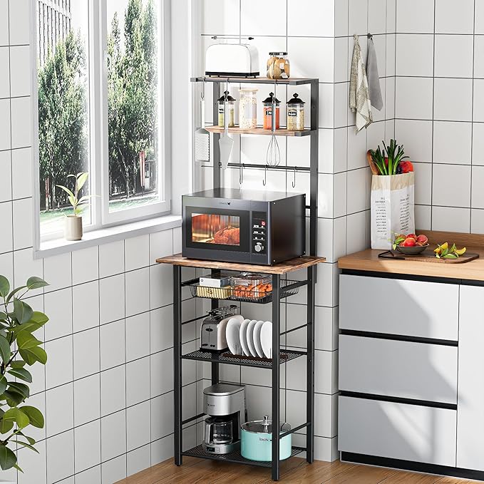 Kitchen Bakers Rack, 6-Tier Microwave Stand with Storage, Multifunctional Coffee Bar with Mesh Basket, Tall Utility Kitchen Storage Shelf, 5 Hooks, Easy Assembly, Rustic Brown