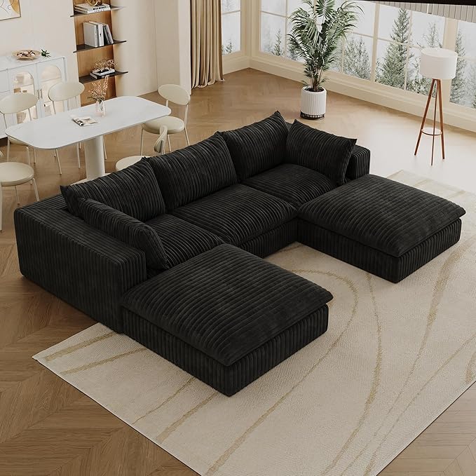 Down Filled Boneless Sectional Sofa Cloud Couch with Movable Ottomans, 118 inch Convertible U Shaped Lounge Couch w/Deep Seat, Fluffy Corduroy Upholstered Compress Modular Sofa