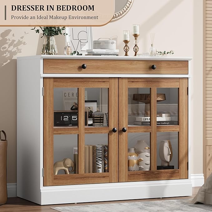GarveeHome 35.4" Sideboard Buffet Cabinets with Glass Door, Buffet Cabinet with Storage, White&Brown Sideboard Cabinet with Drawer, Modern Buffets & Sideboards for Dining Room, Kitchen