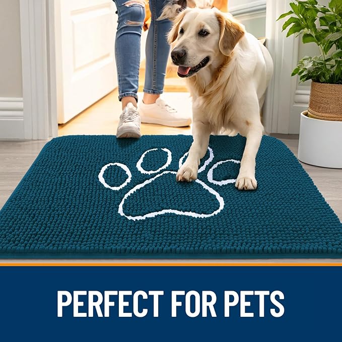 OLANLY Door Mat for Muddy Dog Paws 47x32, Absorbent Chenille Mud Doormat with Paw Print Design, Non-Slip Washable Doormat for Indoor Entryway, Quick-Dry Pet Bed Mats for Dirty Dogs, Atlantic Blue