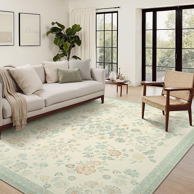 GENIMO 8x10 Area Rugs for Living Room, Machine Washable Non Slip Vintage Rugs, Low Pile Lightweight Chenille Print Rug for Bedroom, Dining Room, Home Office, Beige/Green