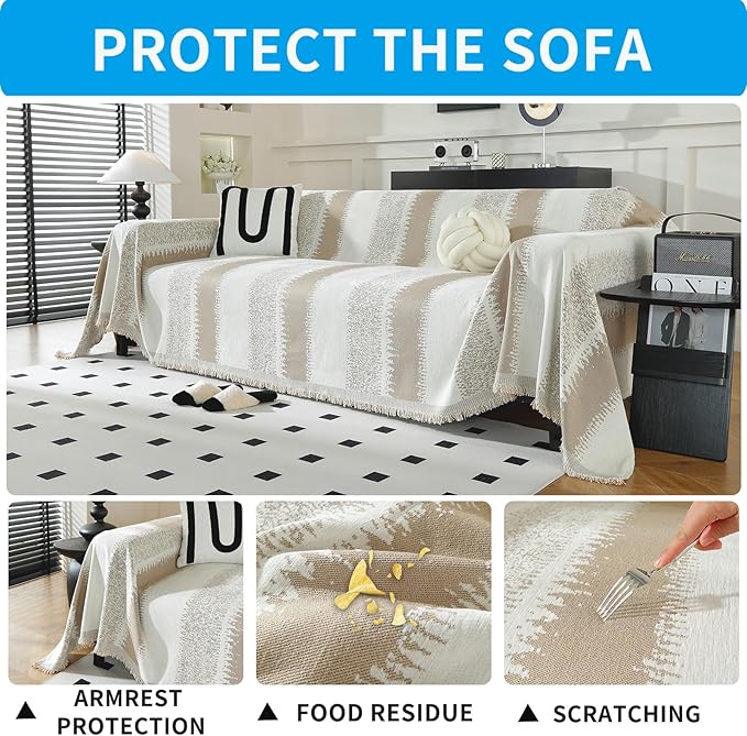 LUFEIJIASHI Boho Couch Covers for Sofa Non Slip Sofa Covers Washable Couch Covers for 3 Cushion Couch Sofa Pet Friendly Sectional Couch Cover Blanket Furniture Protector for Dogs (Khaki, 71"x134")