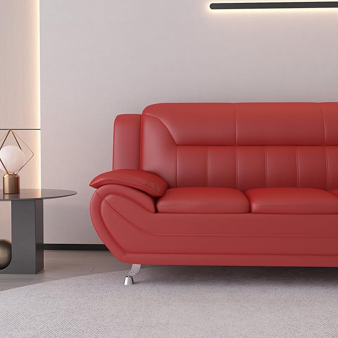 Container Furniture Direct Michael Modern Faux Leather Upholstered Stainless Steel Legs Living Room Sofa, Persian Red