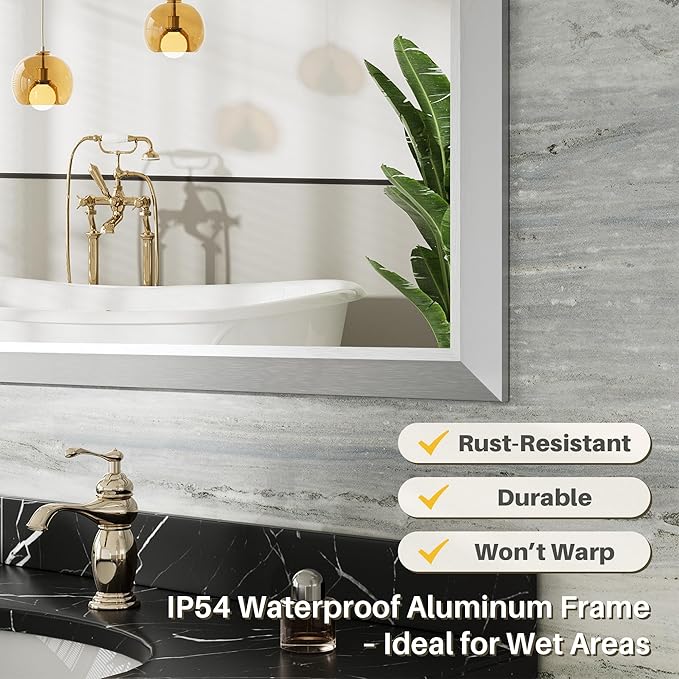 28x36 Inch Silver Bathroom Mirror for Wall, Thick Metal Framed Rectangle Mirrors for Over Sink, Bedroom, Living Room, Entryway, Anti-Rust, HD Tempered Glass
