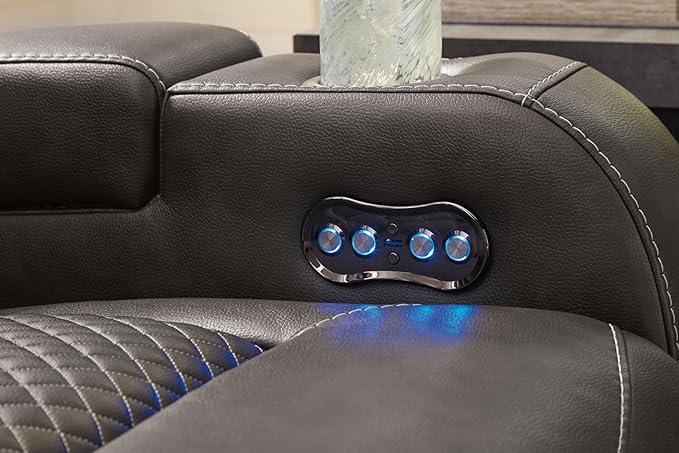 Signature Design by Ashley Fyne-Dyme Contemporary Power Reclining Loveseat with Console, USB Charging Ports and Adjustable Headrest, Gray