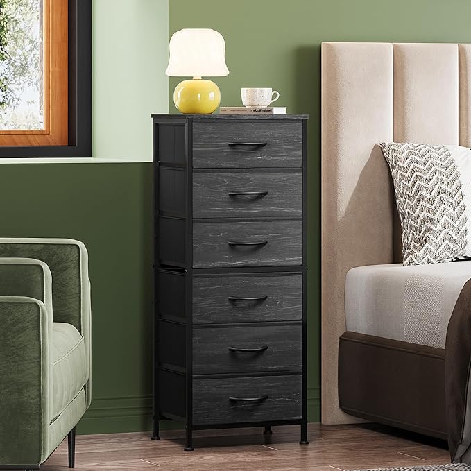WLIVE Tall Dresser for Bedroom, 6 Drawer Dressers & Chests of Drawers, Fabric Dresser for Closet, Night Stand with Metal Frame, Storage Tower with Fabric Bins, Woodtop, Charcoal Black Wood Grain Print