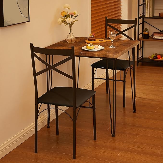 VECELO Kitchen Dining Room Table Set with 2 Chairs for Small Space, Apartment,Metal Steel Frame