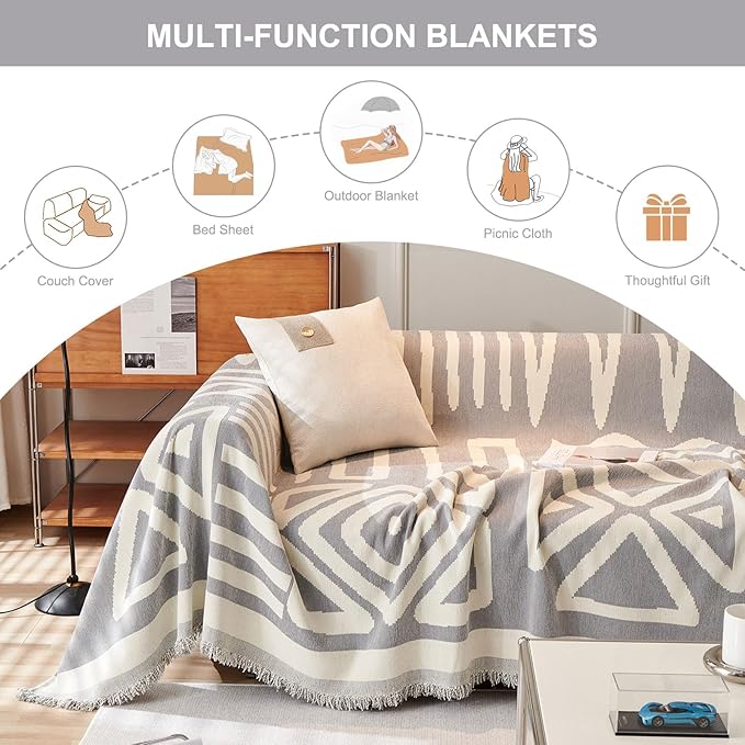 STACYPIK Boho Geometric Sofa Cover Chenille Gray White Cream Triangle Couch Cover for Dog Anti Slip Couch Protector for 3 Cushion Couch Reversible Furniture Covers L Shape Cover for Sectional-91X134IN