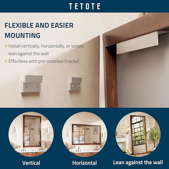 TETOTE 72 x 36 Walnut Wood Mirror for Bathroom Wall/Bedroom/Living Room/Entryway Farmhouse Rustic Bathroom Vanity Mirror Waterproof (Horizontal/Vertical Mounted)
