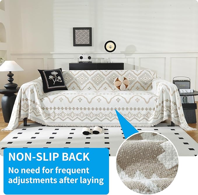 LUFEIJIASHI Boho Couch Covers for Sofa Non Slip Sofa Covers Washable Couch Covers for 3 Cushion Couch Sofa Pet Friendly Sectional Couch Cover Blanket Furniture Protector for Dogs (Khaki, 71"x150")