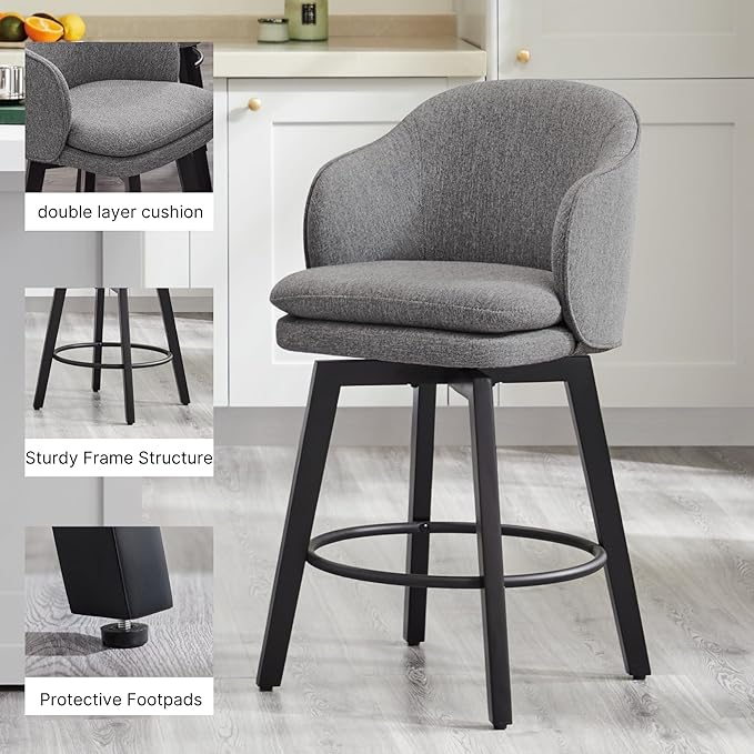 Counter Height Barstools 26 inch Upholstered Swivel Bar Stools with Back and Wood Legs for Kitchen Island,Set of 3,Dark Grey Fabric