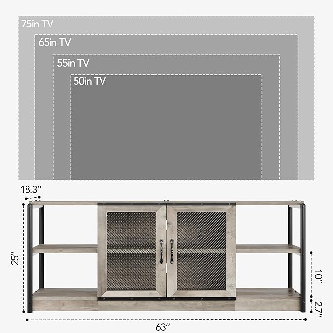 Farmhouse TV Stand for 65+ Inch TV, Industrial TV Cabinet, Entertainment Center with Double Mesh Doors and Storage Cabinet, Rustic TV Cabinet, TV Console Table Media Cabinet for Living Room, Grey