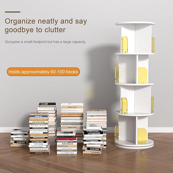 VECELO Rotating Bookshelf Tower, 360°Revolving Bookcase, Round Book Shelf Rotating, Stackable Storage Display Rack Floor Standing for Kids&Adults Solid Wood, White