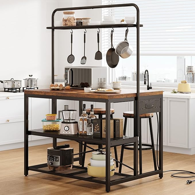 46" Large Kitchen Island Table Baker Rack with Power Outlet and 3-Tier Storage-Microwave Stand Oven Shelf, Metal Coffee Bar Table,Kitchen Storage Shelf for Dining Living Room, 5 Hooks,Vintage