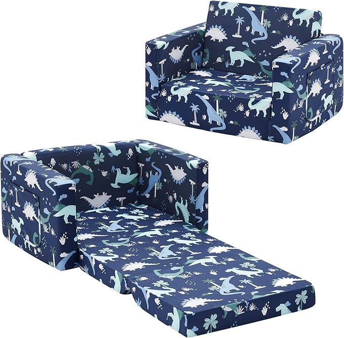 Ulax furniture Kids Sofa Chair for Reading, 2-in-1 Sofa Toddler Fold Out Couch, Convertible Sofa to Sleeper Couch (Navy Dinosaur)
