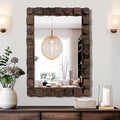 28x20 Inch Handcrafted Solid Wood Square Wall Mirror with Geometric Wood Inlay Design, Rustic Natural Texture for Bathroom, Bedroom, Living Room Decor