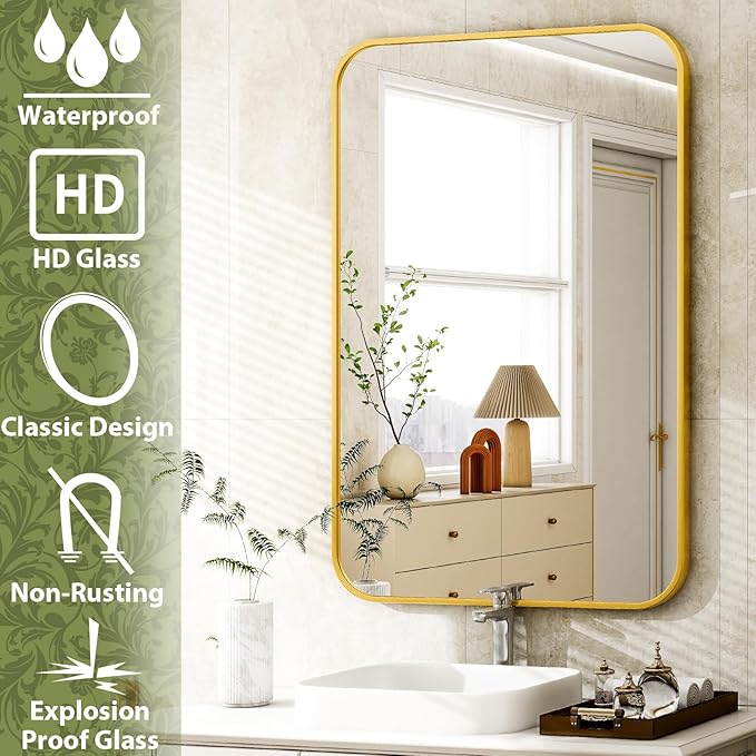 20 x 28 Inch Bathroom Mirror, Rounded Rectangular Vanity Mirror for Wall, Modern Mirror for Room Decor, Gold Framed Wall-Mounted Mirrors for Home Decor, Hangs Horizontally or Vertically