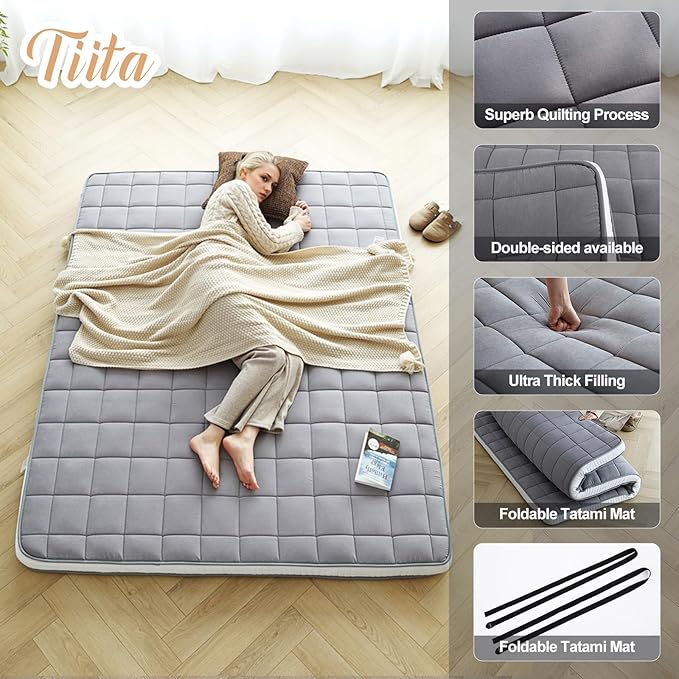 Tiita Japanese Floor Mattress Futon Mattress 4” Thick Folding Roll Up Sleeping Pad with Bag & Strap, Bed Topper Mat for Guest, Lounger and Tavel, Gray,Full Size
