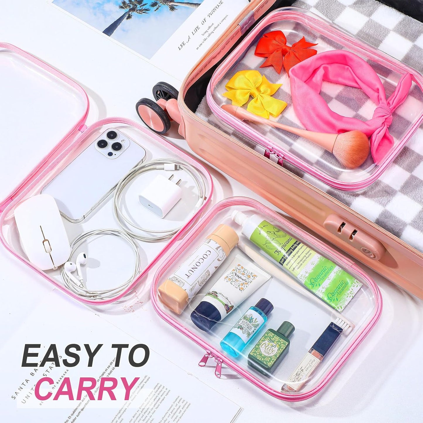 Sanwuta 6 Pcs Clear Hard Zipper Case Pencil Pouches Hard Plastic Zipper Pouches Makeup Bag Transparent Cases for Snacks Plastic Storage Organizer Box for Travel(Pink,9.84 x 7.87 x 2 Inch)