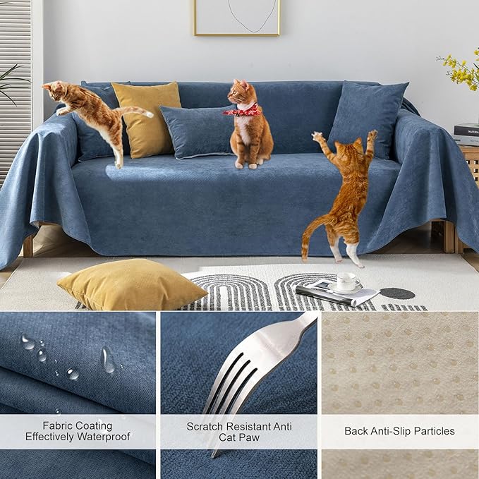 STACYPIK Waterproof Blue Couch Cover Non-Slip Sofa Cushion Cover for Pet Cat Dog Anti-Scratch Couch Cover Thick Washable Couch Protector for 3 Cushion Outdoor Leak Proof Couch Throw Slipcover-71X134IN