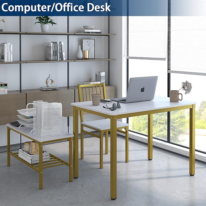 Teraves Dining Table Set for 4/Computer Desk,Kitchen Table with 2 Chairs and a Bench,Table and Chairs Dining Set 4 Picce Set for Dining Room (White Marbling+ Gold Frame,120CM)
