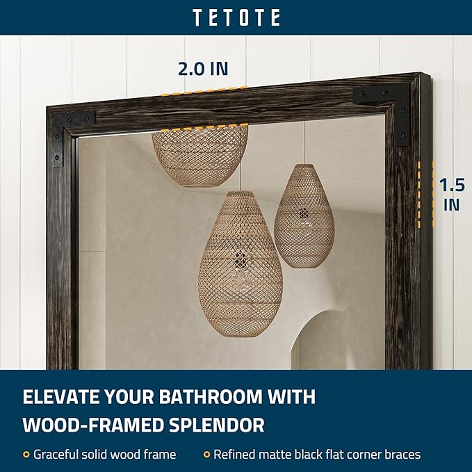 TETOTE 24 x 32 Black Wood Framed Mirror for Bathroom Wall/Bedroom/Living Room/Entryway Farmhouse Rustic Bathroom Vanity Mirror Waterproof (Horizontal/Vertical Mounted)