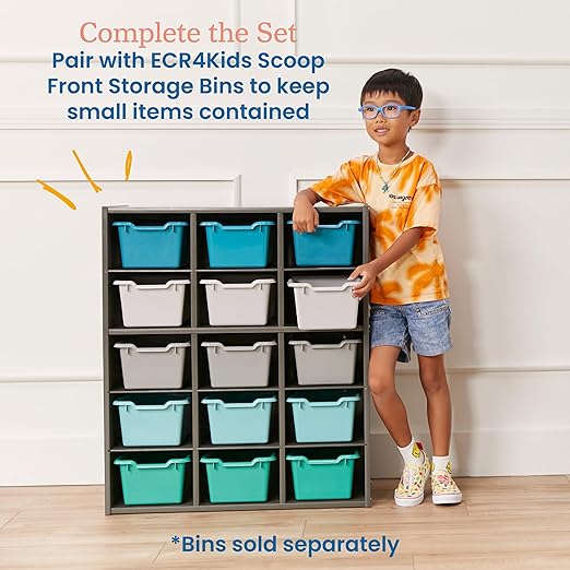 ECR4Kids Streamline 15 Cubby Tray Storage Cabinet, 5x3, Classroom Furniture, Grey Wash
