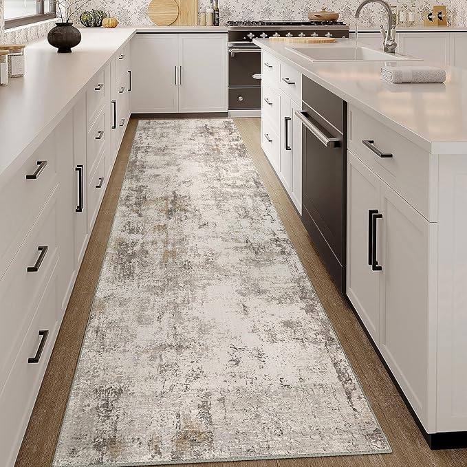 3x12 Washable Runner Rug Brown Grey Neutral Abstract Hallway Kitchen Living Room Bedroom Non Slip Throw Rug Soft Low Pile Indoor Carpet for Entrance Laundry Bathroom
